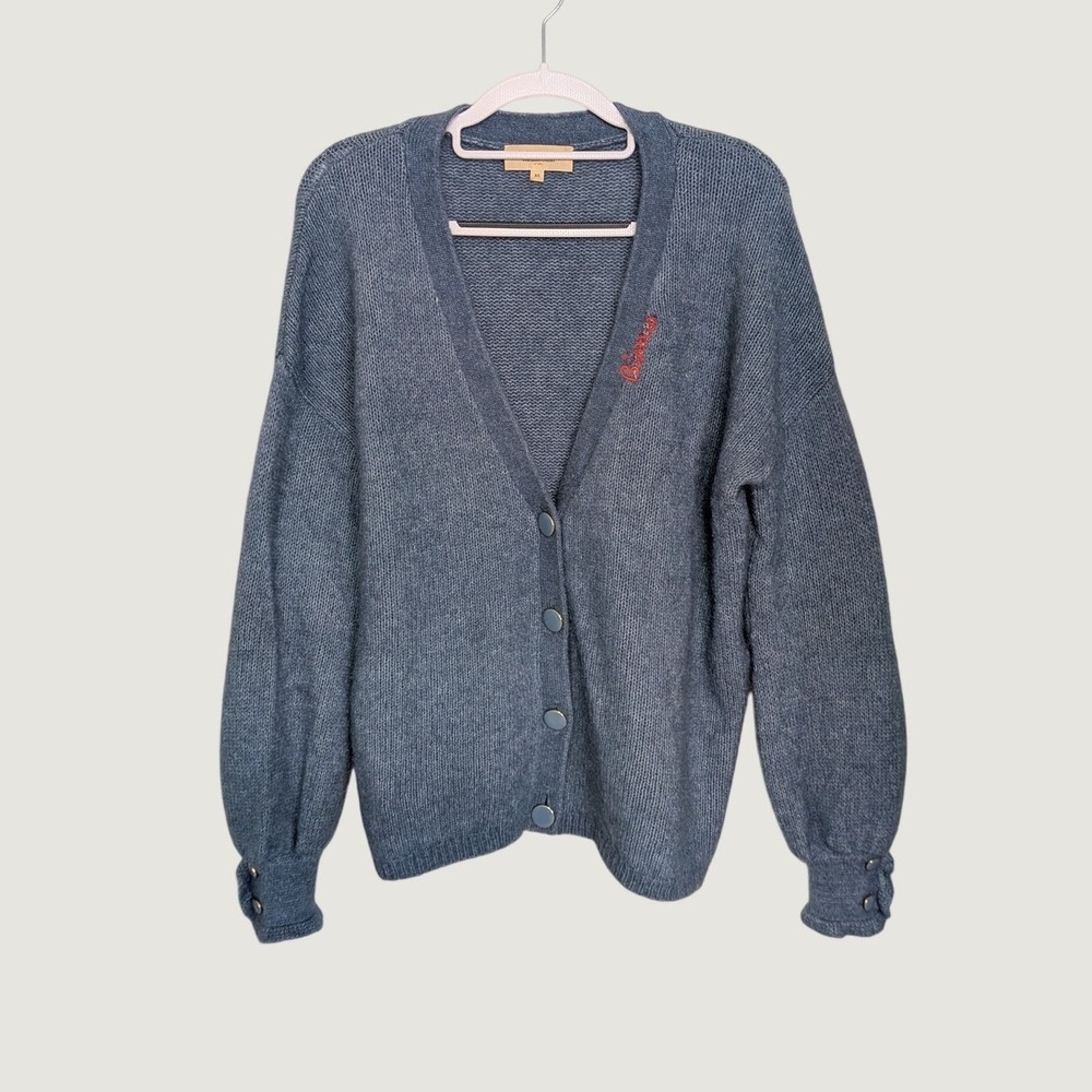 Sezane Dusty Blue Mohair Wool Embroidered Oversized Cardigan Sweater XS
